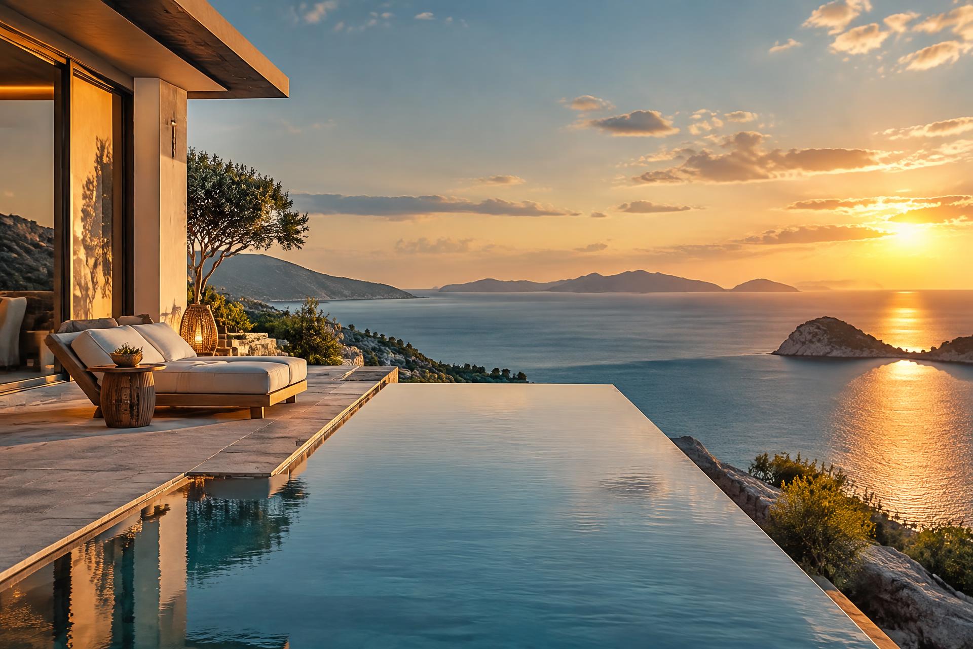 Blick von einer Terrasse über das Meer im Abendlicht